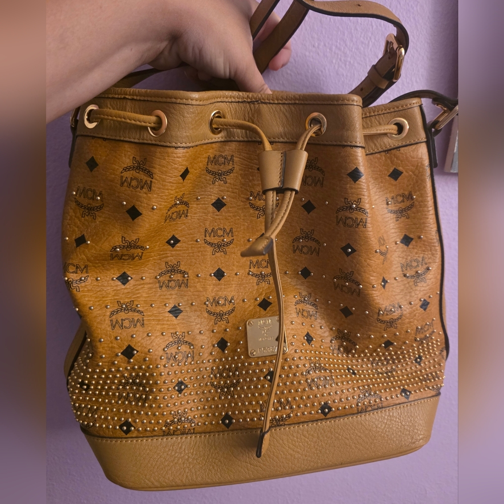 Gold Visetos Drawstring Bag, Cognac